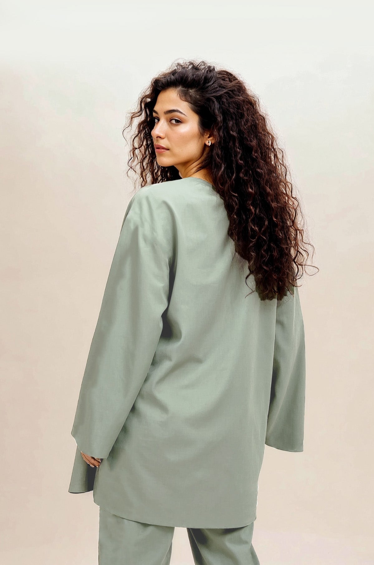 Nimirah Burkini Matcha – modest swimwear set with hijab, back view