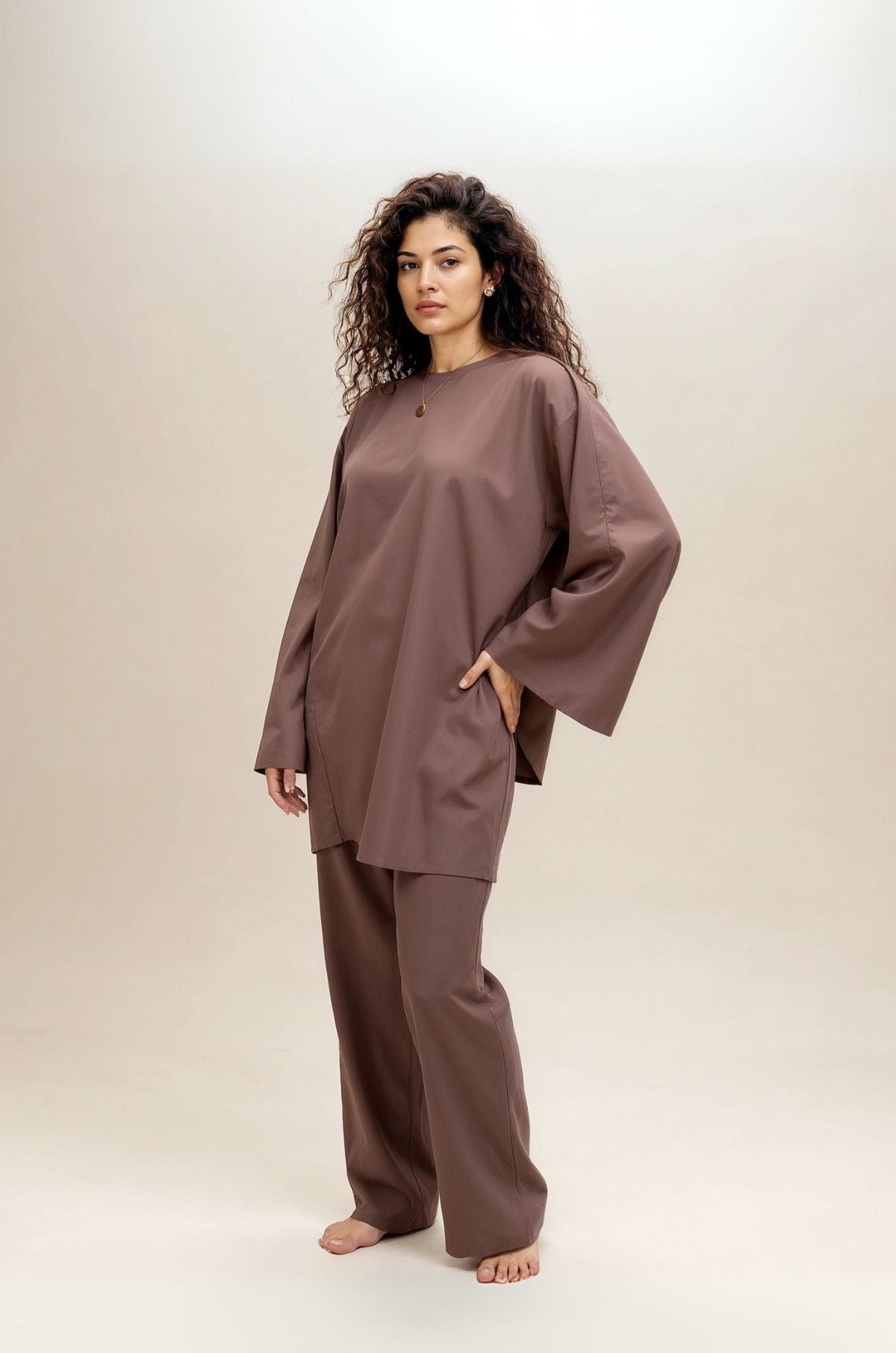 Nimirah Burkini Mocha – modest swimwear set with hijab, front view